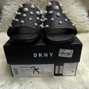 DKNY Black Slide Sandals with Pearl Accents